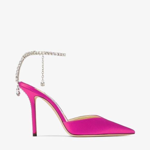 Jimmy Choo Saeda 100 Fuchsia Satin Pumps with Crystal Embellishment
